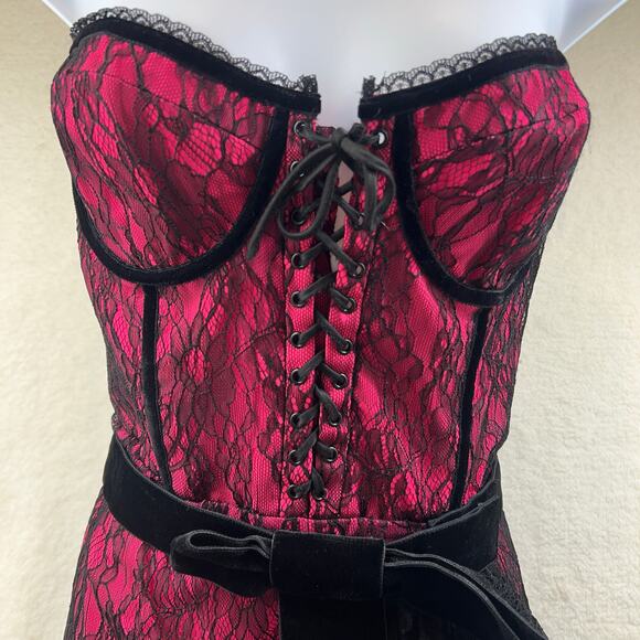 Alice + Olivia Pink Black Lace Bustier Corset Ruffle Belted Mini Dress Sz 6 NWT - Picture 3 of 16